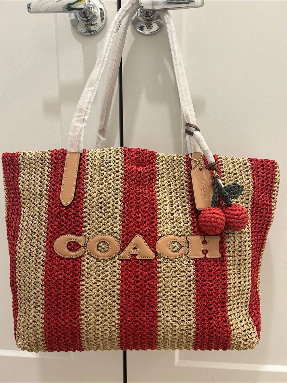 Coach (NWT) City Tote Bag With Stripes And Cherry Charm - Picture 1 of 16